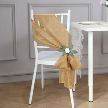 5 Pack Gold Jute Faux Burlap Chair Sashes, Boho Chic Linen Decor 6"x108"