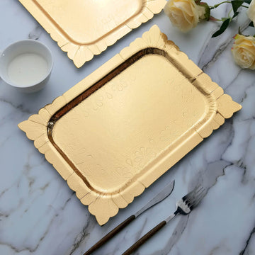 10 Pack Gold Leather Textured Heavy Duty Paper Serving Trays With Floral Cut Rim 1100 GSM 14"