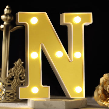 Gold 3D Marquee "N" Letters - Warm White 7 LED Light Up Letters 6"