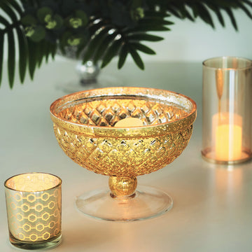 Gold Mercury Glass Compote Vase, Pedestal Bowl Centerpiece 8"