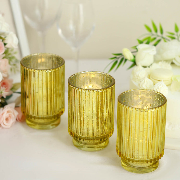 3 Pack Of 5 Inch Gold Mercury Glass Votive Hurricane Candle Holder