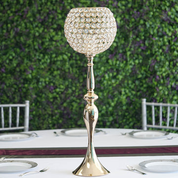 Gold Metal Acrylic Crystal Goblet Candle Holder, Flower Ball Stand 30"