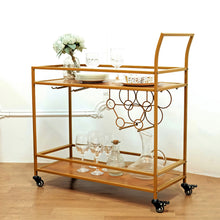 Trolley 3 Feet Gold Metal & Wood 2 Tier Wine Cart Wooden Trays & Glass Holder