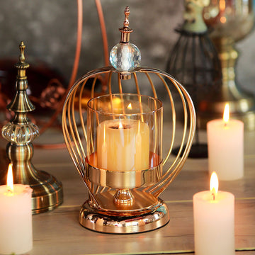 Elegant Gold Metal Cage Amber Glass Votive Candle Holder