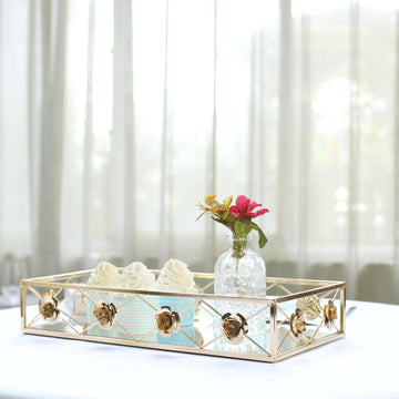Set of 2 | Gold Metal Decorative Vanity Serving Trays, Rose Bordered Rectangle Mirrored Trays - 19"x12" | 15"x8"