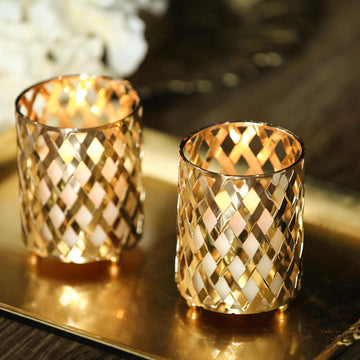 2 Pack | 4" Gold Metal Diamond Cut Votive Candle Holders