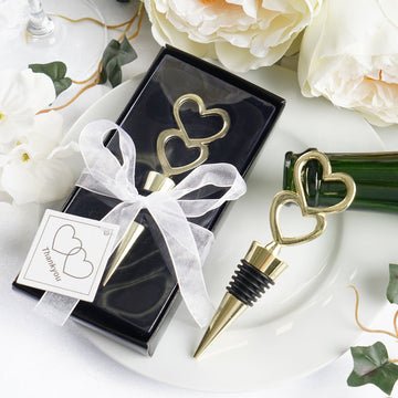 Gold Metal Double Heart Wine Bottle Stopper Wedding Party Favors With Velvet Gift Box 5"