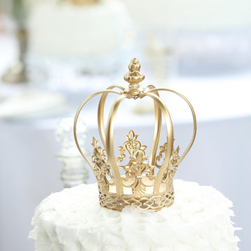 Gold Metal Fleur-De-Lis Sides Royal Crown Cake Topper, Centerpiece 8"