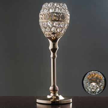 2 Pack Gold Metal Goblet Acrylic Crystal Votive Candle Holder Set 14"