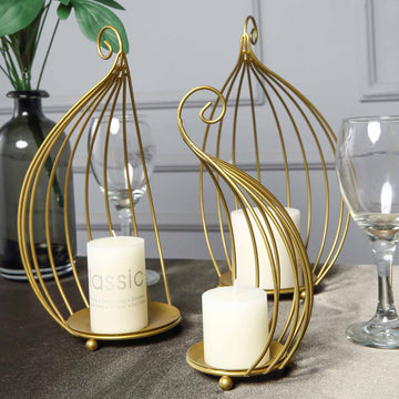 Set of 3 Gold Metal Hanging Wrought Iron Candle Holder Stands, Bird Cage Style Centerpieces