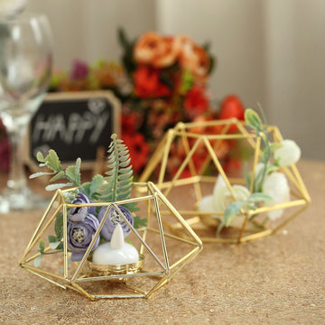 Set of 2 Gold Metal Hexagon Candle Holder Set, Geometric Table Centerpiece 4"/3"