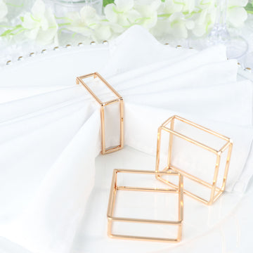 4 Pack Gold Metal Hollow Square Napkin Rings, Modern Geometric Cube Napkin Holders