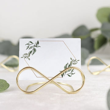 10 Pack Gold Metal Infinity Card Holder Stands, Table Number Stands, Wedding Table Place Card Menu Clips 3"