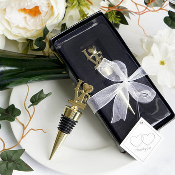 4" Gold Metal Love Wine Bottle Stopper Wedding Favor With Velvet Gift Box