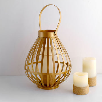 Gold Metal Open Weave Basket Candle Lantern Indoor/Patio Centerpiece with Handle 17" Tall