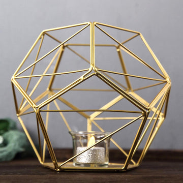 Gold Metal Pentagon Prism Tealight Candle Holder, Open Frame Geometric Flower Stand 7"
