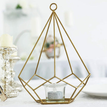 2 Pack | 9" Gold Metal Pentagon Tealight Candle Holders, Open Frame Geometric Flower Stand