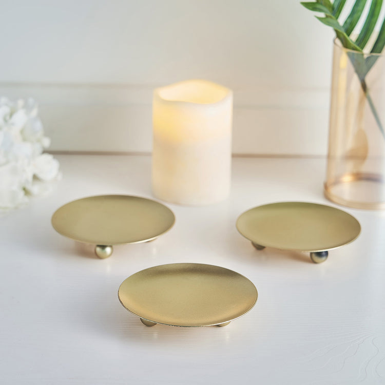3 Pack | 4inch Gold Metal Plate Candle Holders, Decorative Pillar Candle Stands