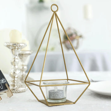 2 Pack | 9" Gold Metal Pyramid Shaped Tealight Candle Holders, Open Frame Geometric Flower Stand
