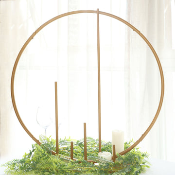 Gold Metal Round Floral Hoop Wedding Table Centerpiece With Pillars, Self Standing Balloon Arch Frame 24"