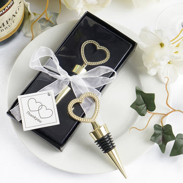 Gold Metal Studded Heart Wine Bottle Stopper Wedding Party Favors With Velvet Gift Box 4"
