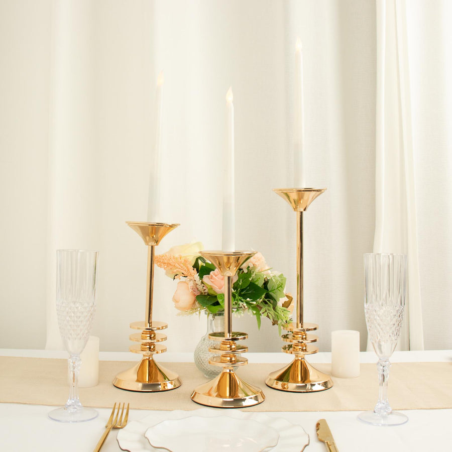Set Of 3 Gold Metal Taper Candlestick Holders