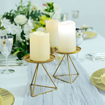 2 Pack Gold Metal Triangle Base Pillar Candle Holder Stands, Geometric Table Centerpieces 5"