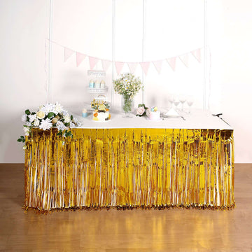 Gold Metallic Foil Fringe Table Skirt, Self Adhesive Tinsel Table Skirt 30"x9ft