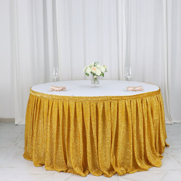 Elevate Your Event with the Gold Metallic Shimmer Tinsel Spandex Pleated Table Skirt