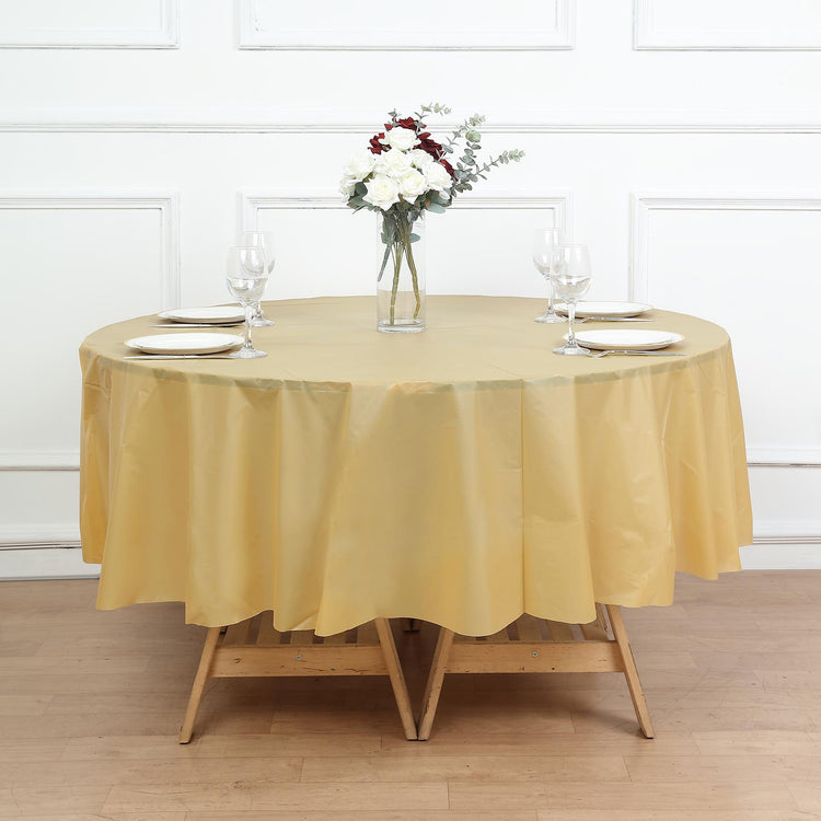 84inch Gold Crushed Design Round Waterproof Plastic Tablecloth, Spill Proof Disposable Tablecloth
