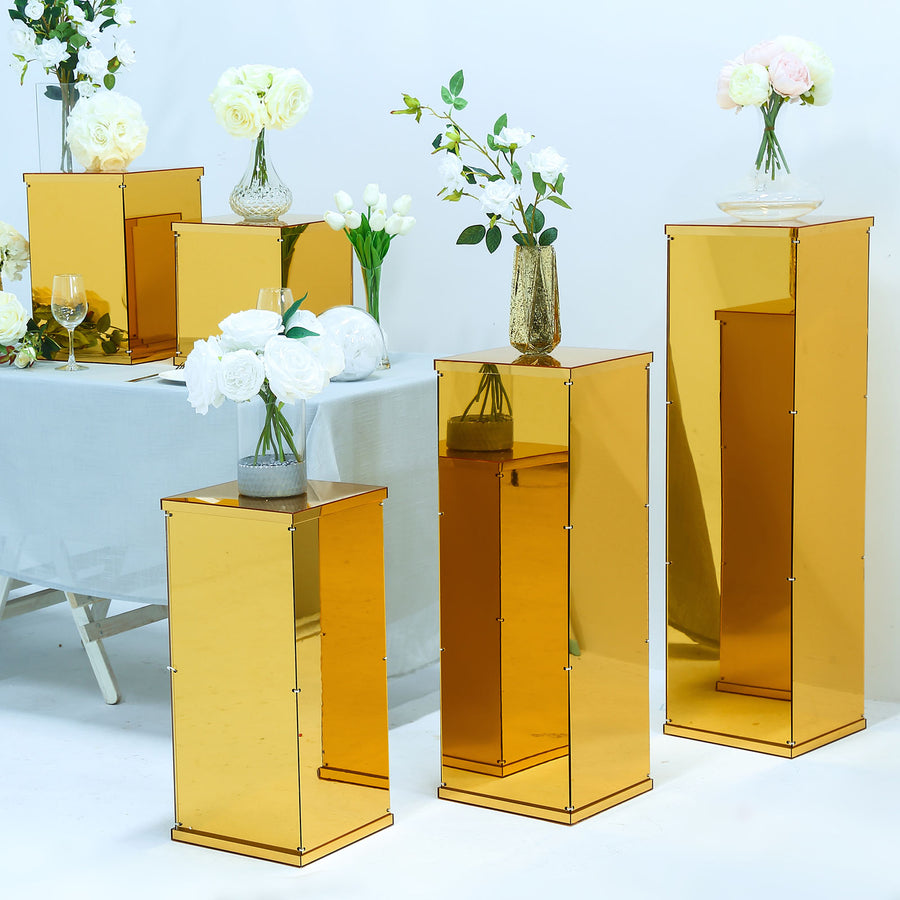 5 Set Gold Mirror Acrylic Pedestal Display Risers 12 Inch 16 Inch 24 Inch 32 Inch 40 Inch With Interchangeable Lid & Base#whtbkgd