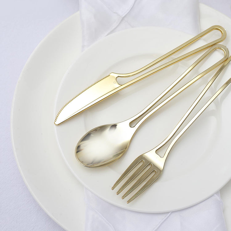 Gold Heavy Duty Plastic Forks Spoons Knives With Hollow Handle Style 7 Inches