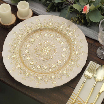 8 Pack | 13" Gold Monaco Style Glass Table Serving Plates, Ornate Design Dinner Charger Trays