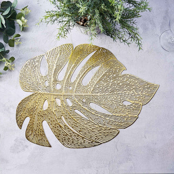 6 Pack | 18" Gold Monstera Leaf Vinyl Placemats, Non-Slip Dining Table Mats