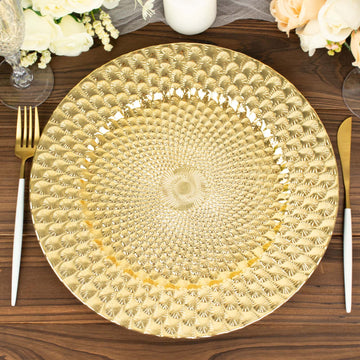 6 Pack | 13" Gold Peacock Pattern Plastic Serving Plates, Round Disposable Charger Plates