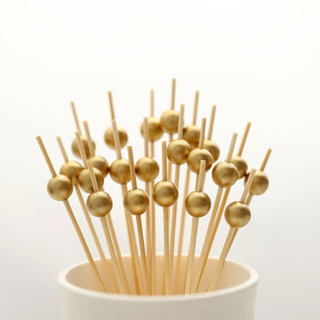 100 Pack Gold Pearl Bamboo Skewers Cocktail Picks, Stir Sticks, Eco Friendly 4.5"
