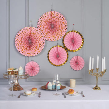 Set of 6 | Gold / Pink Hanging Paper Fan Decorations, Pinwheel Wall Backdrop Party Kit - 8", 12", 16"
