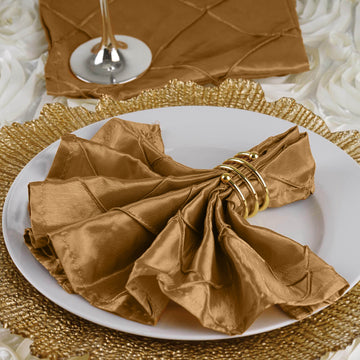 5 Pack Gold Pintuck Satin Cloth Dinner Napkins, Wrinkle Resistant 17"x17"