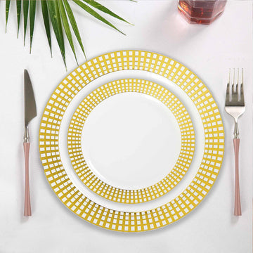 10 Pack Gold Plaid Hot Stamped Rim White Plastic Dessert Plates, Round Disposable Checkered Rim Appetizer Plates 8"