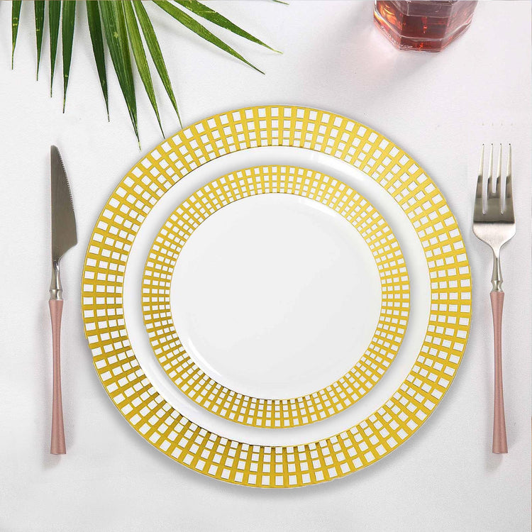 10 Pack Disposable Plastic White Round 8 Inch Salad Dessert Appetizer Plates With Gold Hot Stamped Checkered Rim
