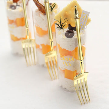 24 Pack Gold Plastic Dessert Forks With Roman Column Handle, European Style Disposable Utensils 6"