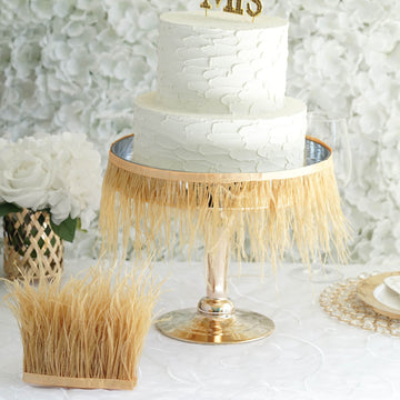 Gold Real Ostrich Feather Fringe Trim With Satin Ribbon Tape 39"