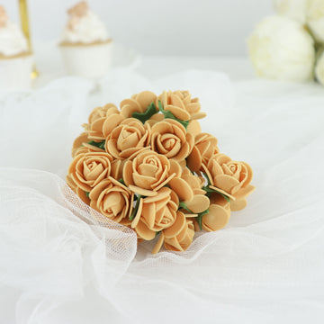 48 Roses Gold Real Touch Artificial DIY Foam Rose Flowers With Stem, Craft Rose Buds 1"
