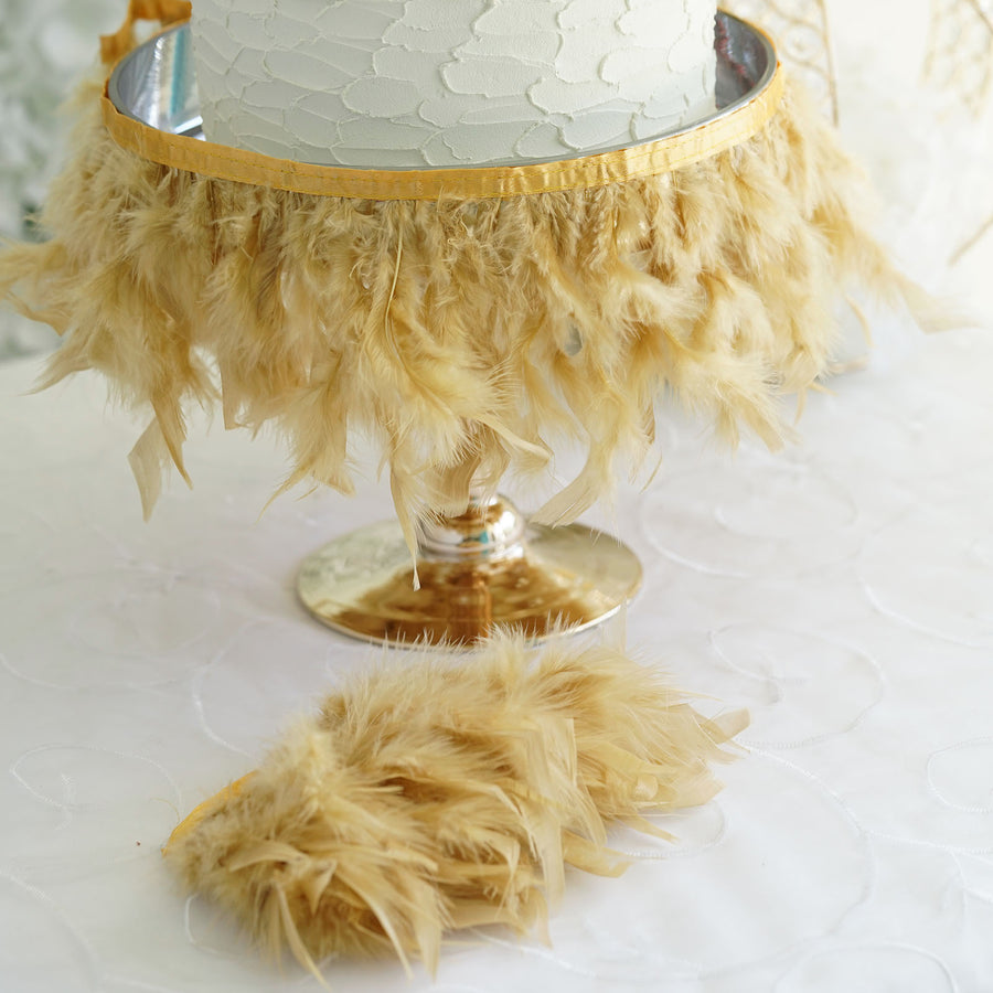 39 Inch Gold Real Turkey Feather Fringe Trim with Satin Ribbon Tape