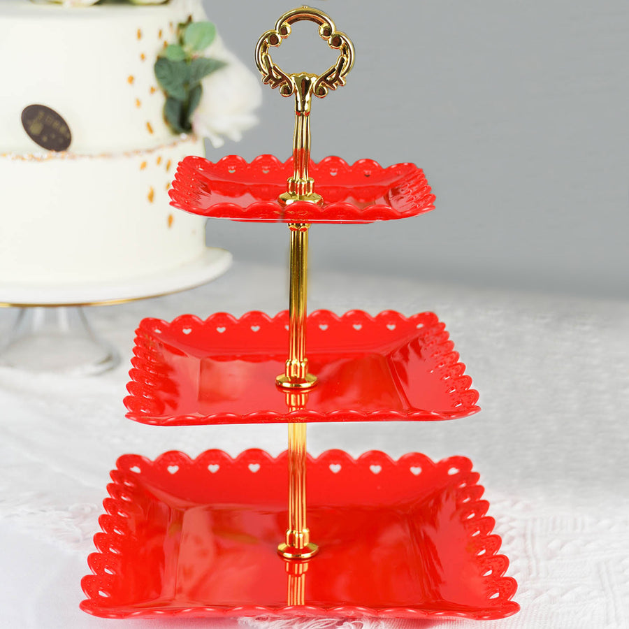 Gold Red Wavy Square Edge Cupcake Stand Dessert Holder 13 Inch 3 Tier