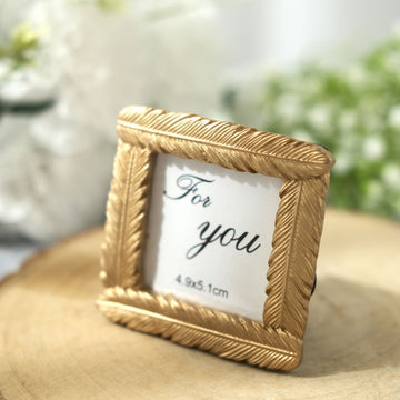 4 Pack | Gold Resin 3" Mini Square Vintage Feather Picture Frames, Vintage Wedding Party Favors Card Place Holder