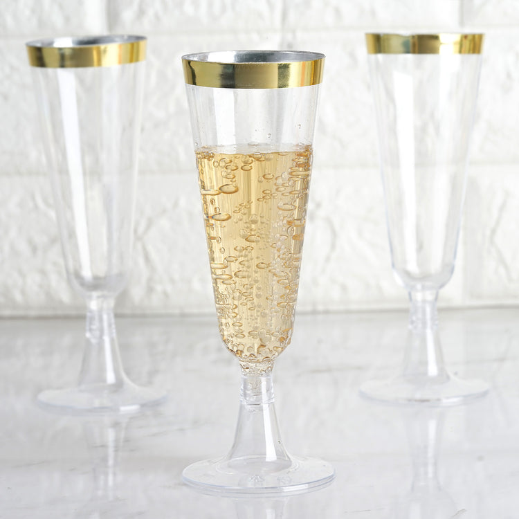 12 Pack | 5oz Gold Rim Clear Short Stem Plastic Champagne Glasses, Disposable Trumpet Flutes