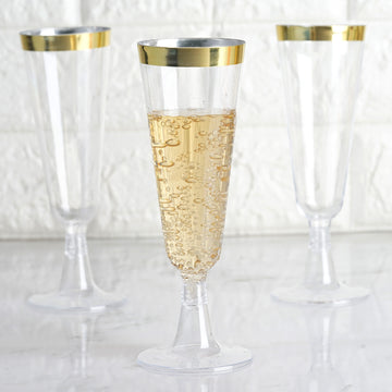 12 Pack Gold Rim Clear Short Stem Plastic Champagne Glasses, Disposable Trumpet Flutes With Detachable Base 5oz