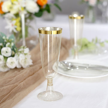 12 Pack Gold Rim Glittered Plastic Champagne Glasses, Disposable Flutes With Detachable Base 6oz