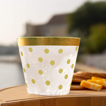 12 Pack Gold Rim Polka Dot Plastic Cups, Disposable Tumblers 9oz